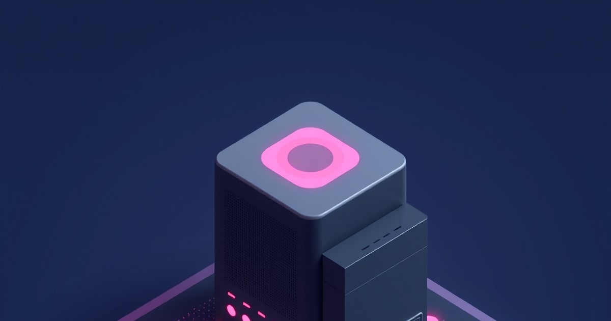 Isometric dark home server cube with a glowing pink ring on top and pink indicator lights on a navy backdrop, evoking a self-hosted DNS ad blocker