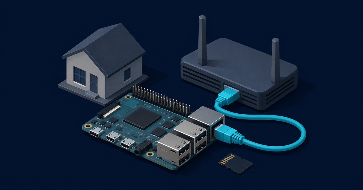 A stylized 3D Raspberry Pi sits beside a home, Wi-Fi router, Ethernet cable, and microSD card on a dark blue background.