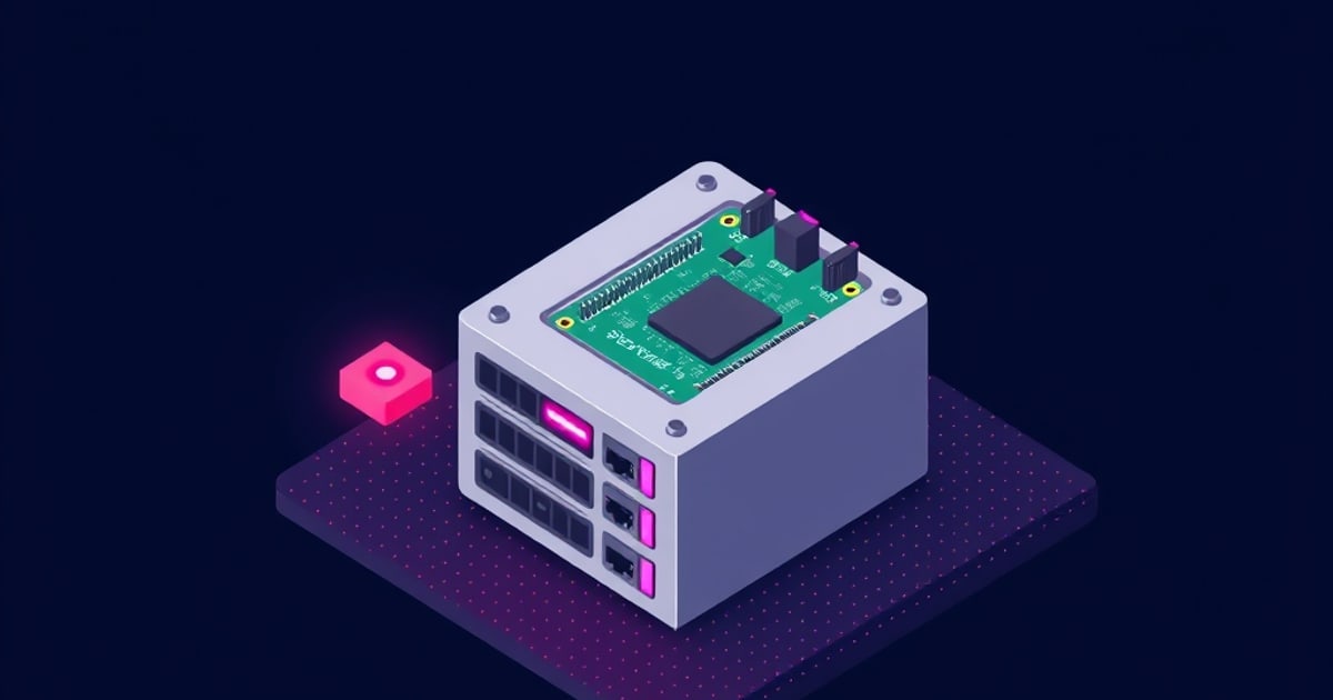 Isometric gray enclosure holding a green Raspberry Pi-style board with Ethernet ports on a dotted purple pad, a Pi-hole DHCP server setup.