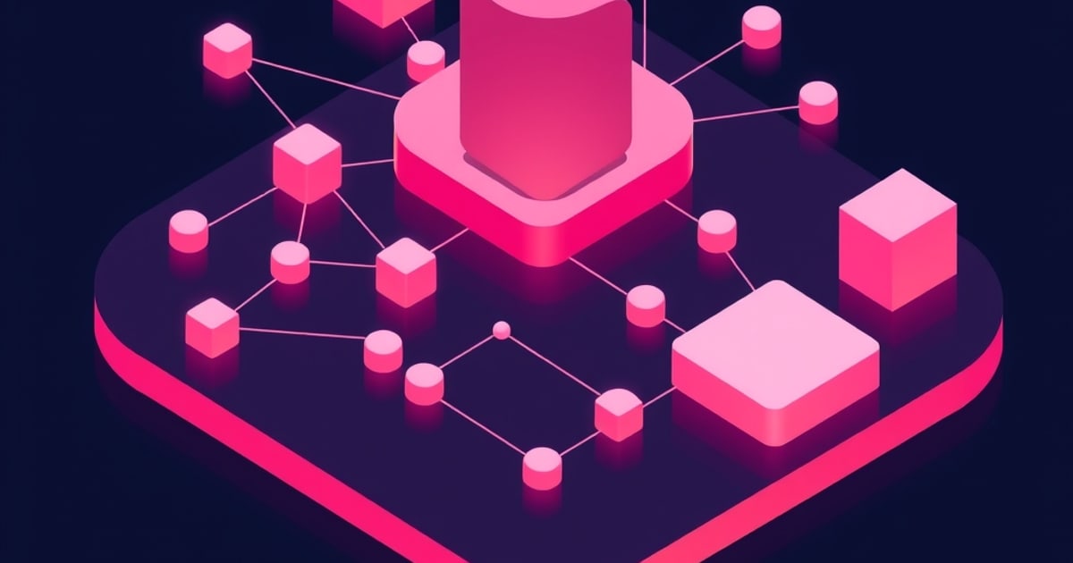 Flat isometric illustration of a dark platform edged in glowing pink, carrying linked pink cubes and discs forming a small network.