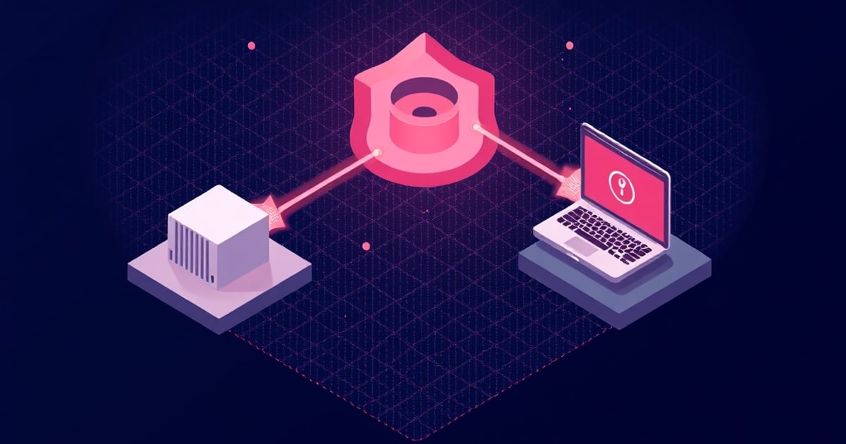 Flat isometric illustration of a pink shield holding a cylinder, with arrows linking a white server block and a laptop showing a warning icon.