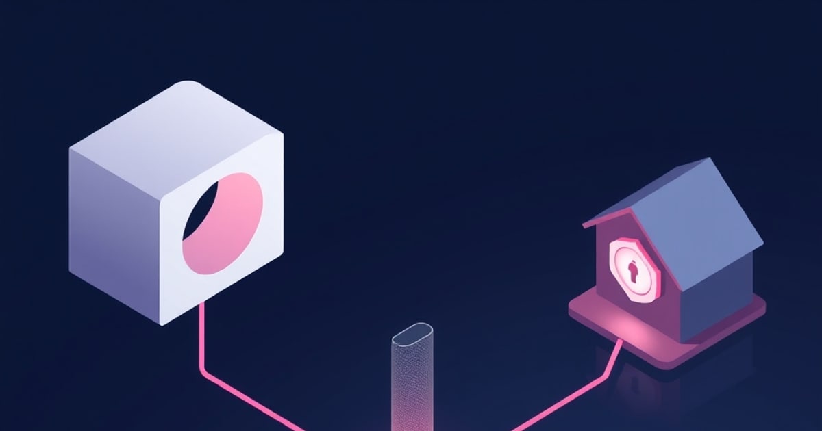 Flat isometric illustration of a white cube with a pink circular hole linked by pink lines to a small house with a glowing lock, past a mesh tube.