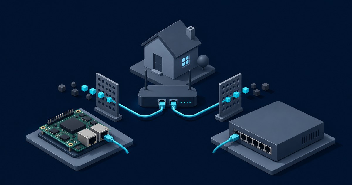 Dark isometric network scene with a Raspberry Pi, home, router, filtering panels, and Ethernet switch linked by glowing cyan cables.