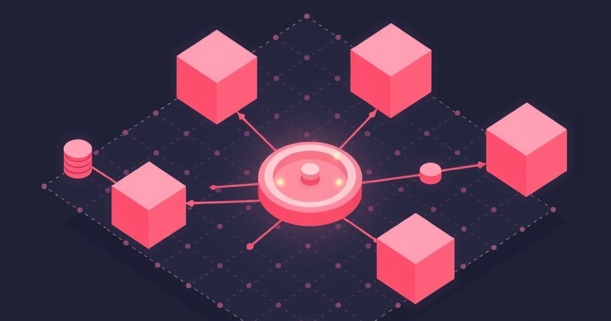 Flat isometric illustration of a glowing central disk routing arrows out to cube endpoints across a dotted grid, evoking a DNS sinkhole hub.